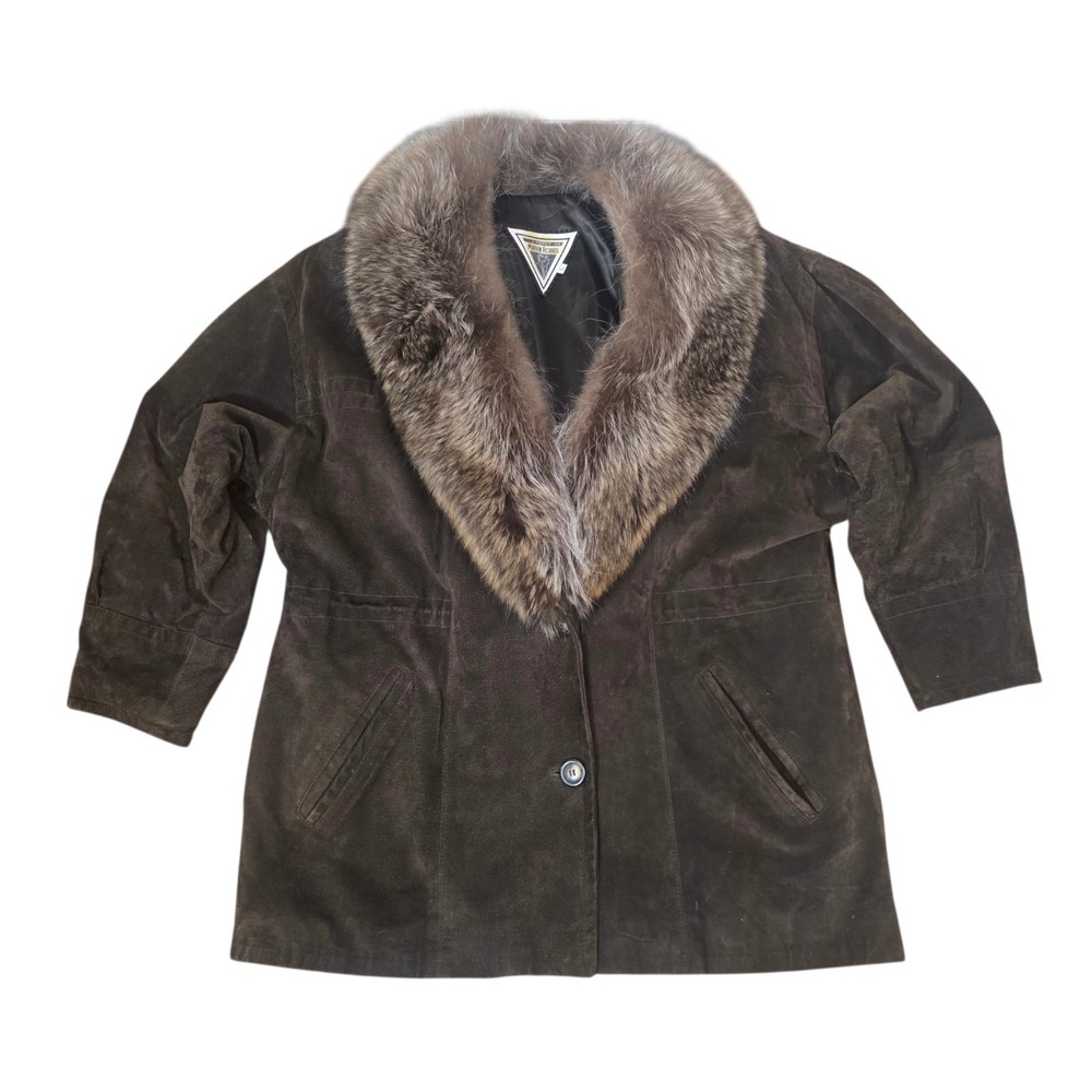Vintage J Percy Marvin Richards Womens L Brown Leather Genuine Fur Collar Coat